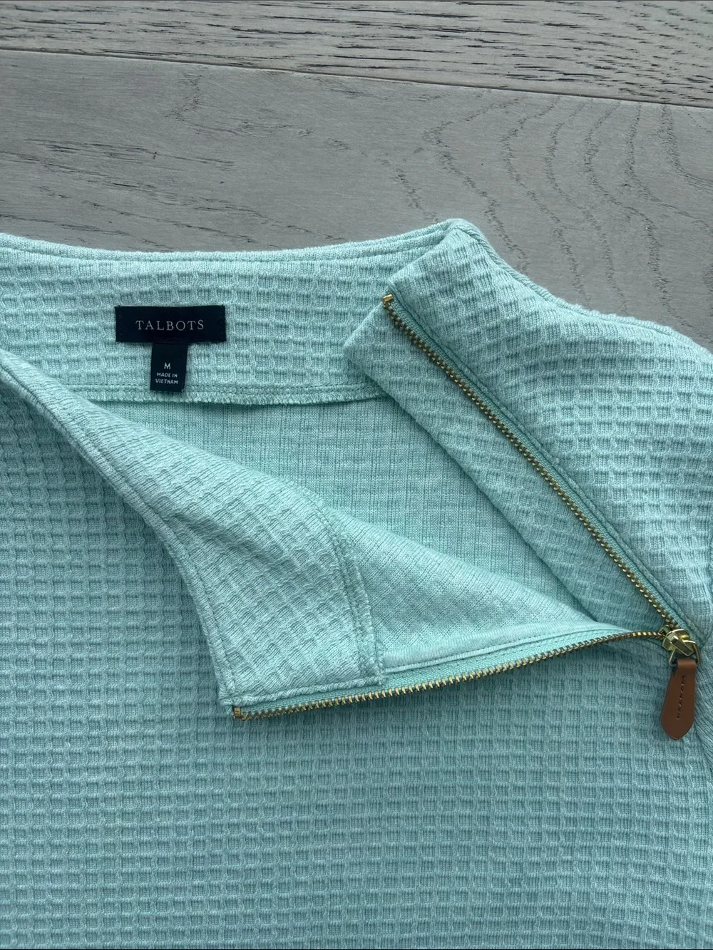 Talbots Zip Detail Funnel Neck Pullover Waffle Light Green Sweater Medium - Picture 6 of 7